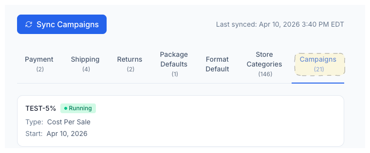 CardLuma Campaigns tab showing a synced eBay Promoted Listings campaign named TEST-5% with Cost Per Sale type, Running status, and last synced timestamp