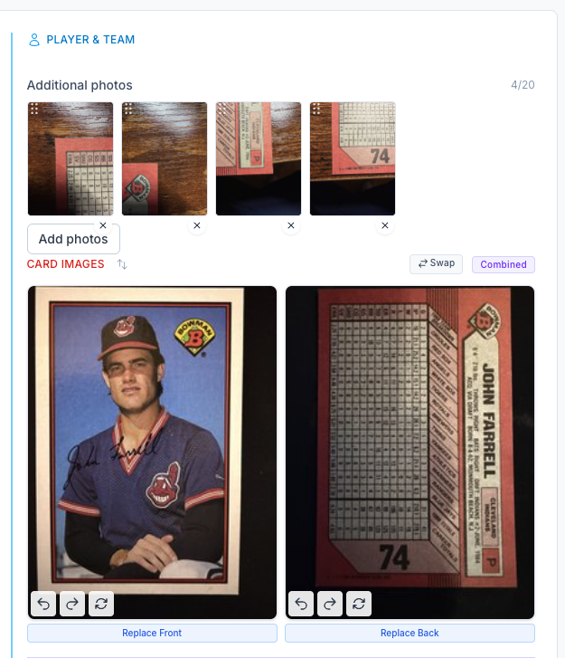CardLuma card edit screen showing the Additional photos section with four extra close-up images attached (4/20), an Add photos button, and the standard front and back card images below