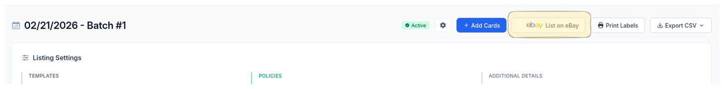CardLuma batch header showing the List on eBay button alongside Add Cards, Print Labels, and Export CSV options