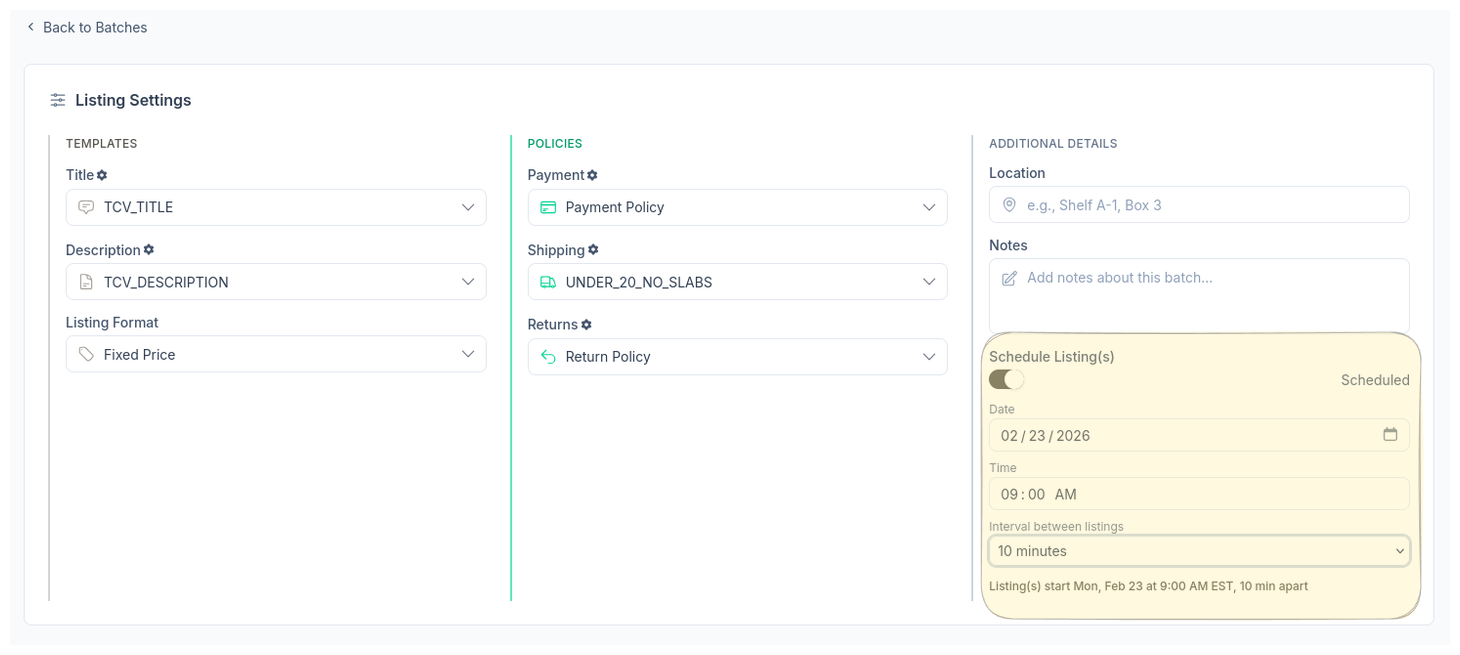 CardLuma batch listing settings showing fixed price format with scheduled listing controls