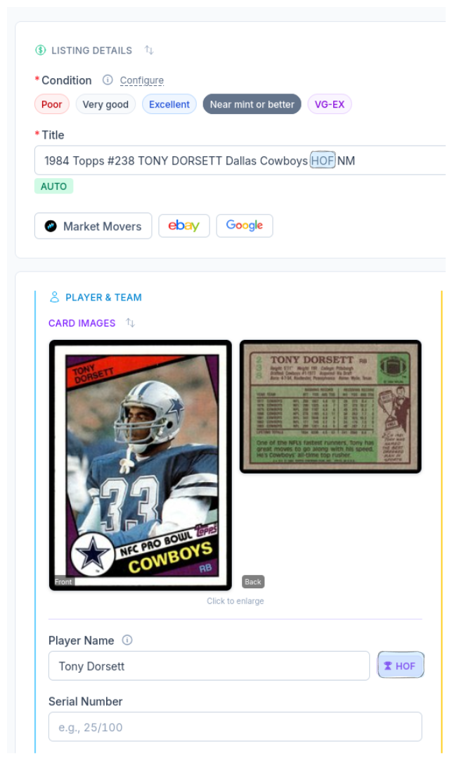 CardLuma card edit screen showing a 1984 Topps #238 Tony Dorsett card with HOF highlighted in the auto-generated title and HOF badge next to the player name field