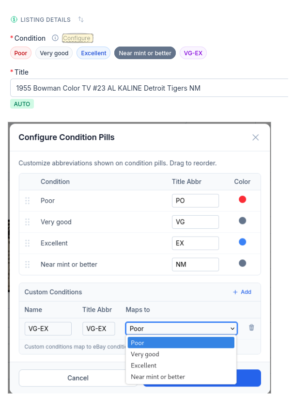 CardLuma condition configuration showing standard eBay conditions with custom abbreviations, plus a custom VG-EX condition mapped to the Poor eBay grade with a dropdown showing all mapping options
