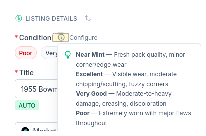 CardLuma card edit screen showing condition guidelines tooltip with definitions for Near Mint, Excellent, Very Good, and Poor conditions