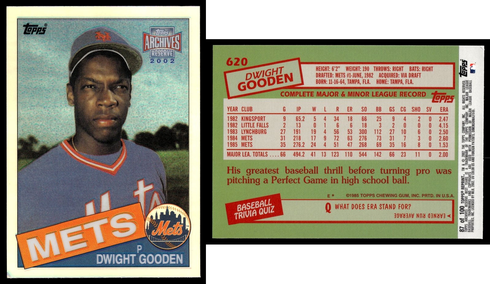 Example of CardLuma combined front and back card image showing both sides of a Dwight Gooden baseball card in a single photo