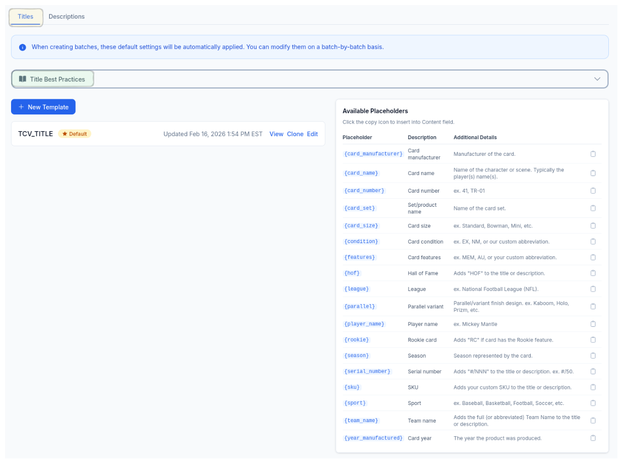 CardLuma title template manager showing available placeholders including card_set, card_number, player_name, team_name, hof, features, condition, and more