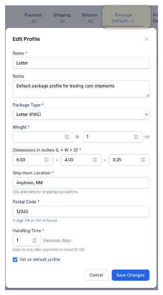 CardLuma package profile editor showing Letter (PWE) package type with weight, dimensions, ship-from location, postal code, and handling time fields