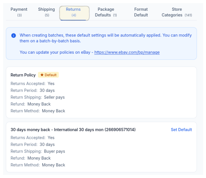 CardLuma return policy sync showing two return policies with 30-day money back terms and default selection