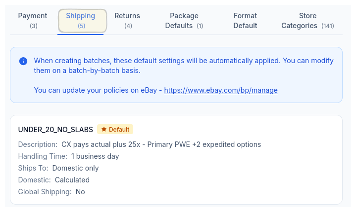 CardLuma shipping policy sync showing UNDER_20_NO_SLABS shipping profile with handling time, domestic calculated shipping, and default badge