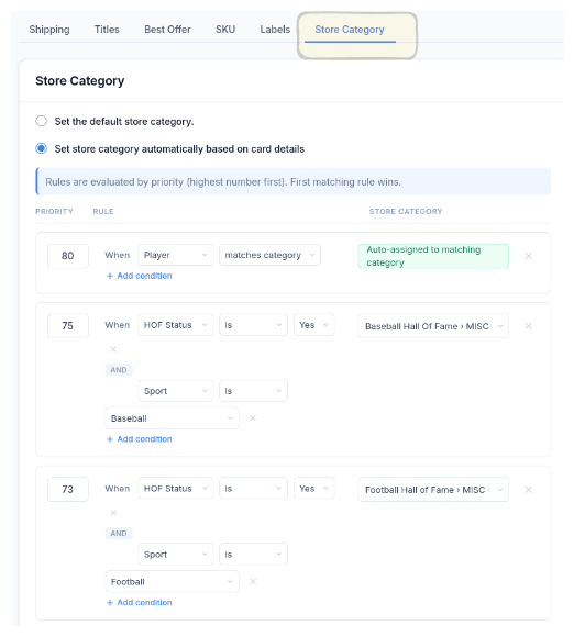 CardLuma store category automation rules showing priority-based conditions for player matching, Baseball HOF routing, and Football HOF routing